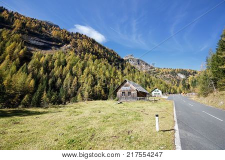 MALTA-HOCHALM ROAD - OCTOBER 10, 2017. Old mountain pine oil distillery, located near the Malta-Hochalm road in the High Tauern mountain range within Carinthia, Austria.