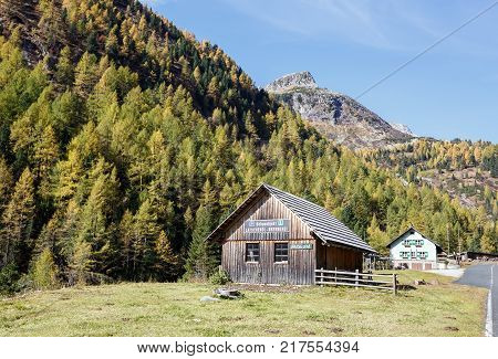 MALTA-HOCHALM ROAD - OCTOBER 10, 2017. Old mountain pine oil distillery, located near the Malta-Hochalm road in the High Tauern mountain range within Carinthia, Austria.