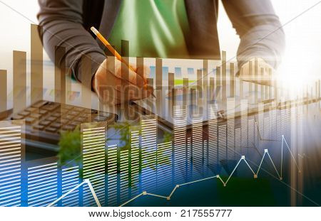 Stock Market Chart And Finger Pointing On Tablet In Office
