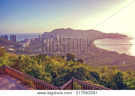 panorama of the city of Sanya, a view of the city in the highest point, the island of the Phoenix. Asia