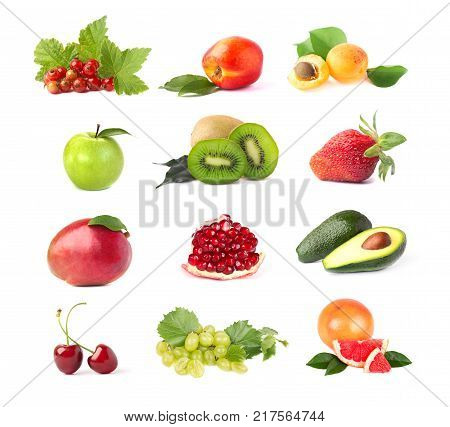 Collection of fresh fruits isolated on white background. Collage of juicy and ripe fruit isolated on white background. Close-up.