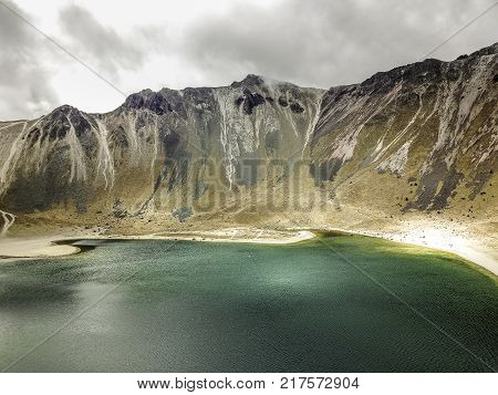 Panoramic view of Volcano Nevada de Toluca with lakes inside crater in Mexico