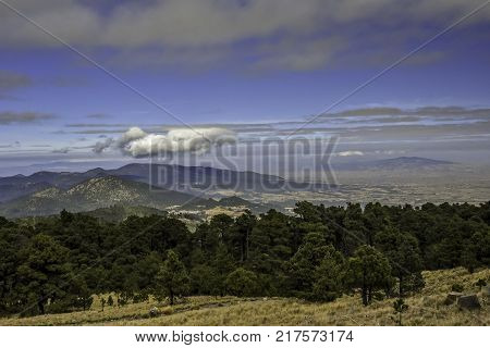 Panoramic view of Volcano Nevada de Toluca with lakes inside crater in Mexico
