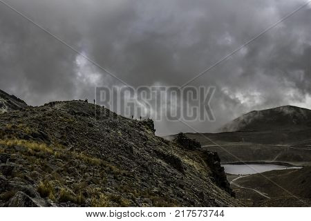 Panoramic view of Volcano Nevada de Toluca with lakes inside crater in Mexico