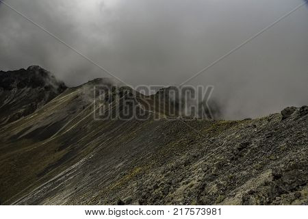 Panoramic view of Volcano Nevada de Toluca with lakes inside crater in Mexico