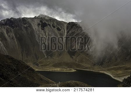 Panoramic view of Volcano Nevada de Toluca with lakes inside crater in Mexico
