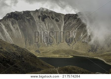 Panoramic view of Volcano Nevada de Toluca with lakes inside crater in Mexico