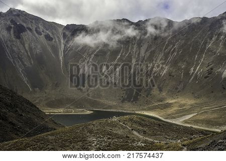 Panoramic view of Volcano Nevada de Toluca with lakes inside crater in Mexico