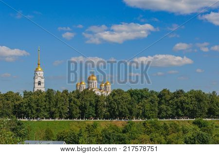 the view from the hill to the Cathedral of the assumption and the alley in Vladimir. summer landscape. the Golden ring of Russia