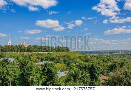 the view from the hill to the Cathedral of the assumption and the observation deck in Vladimir. summer landscape in the background