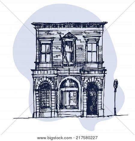 Old English mansion in a village with a sign. Vector illustration