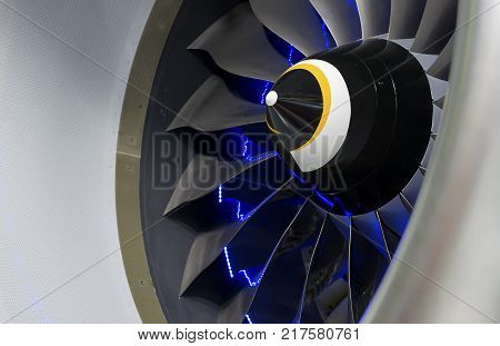 close-up of a large jet engine turbine blades