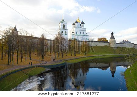 The Pskova river and the Pskov Kremlin on a cloudy October day. Russia
