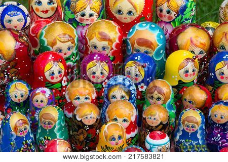 Many Russian matreshkas. The Russian national doll is a souvenir of nesting dolls