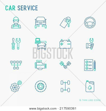 Car service thin line icons set of mechanic, computer diagnostics, tools, wheel, battery, transmission, jack. Modern vector illustration.