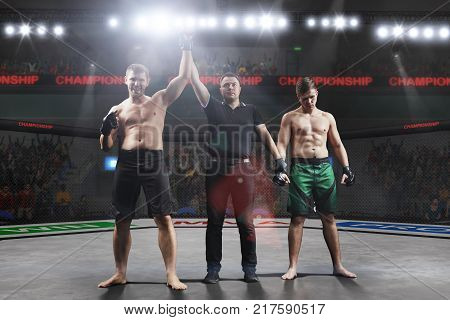 referee is declairing the winner after the mma fight in big mma arena