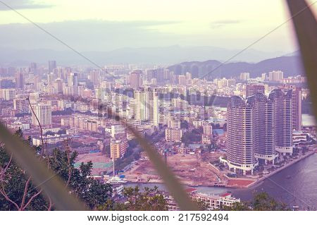 panorama of the city of Sanya, a view of the city in the highest point, the island of the Phoenix. Asia