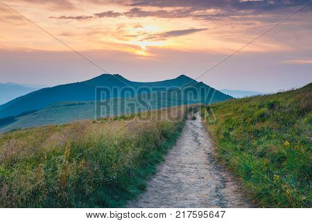 Summer mountain landscape at sunrise with grass and blue sky