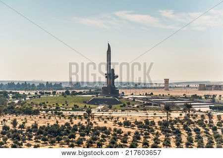 Ismailia Egypt - November 5 2017: AK-47 muzzle and bayonet on the eastern shore of the Suez Canal near Ismailia Egypt. The monument commorates the Egyptians killed in the 1973 Yom Kippur War with Israel.