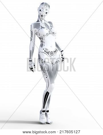 Robot woman. White metal droid. Artificial Intelligence. Conceptual fashion art. Realistic 3D render illustration. Studio, isolate, high key.