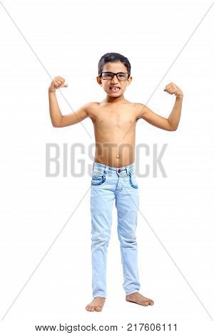 young happy indian boy showing his muscle