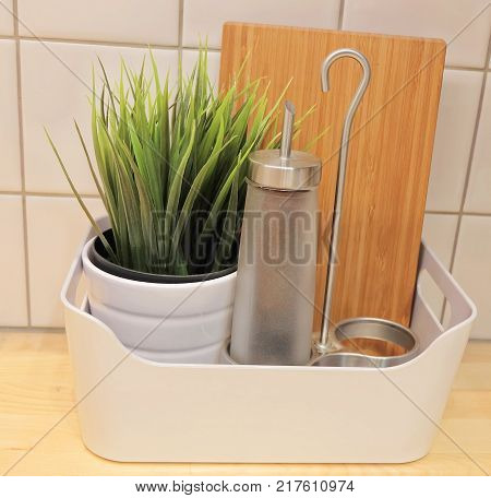 Cuisine and Food A Salt Shaker or Saltcellar Used for Seasoning in Cooking with Wooden Cutting Board.