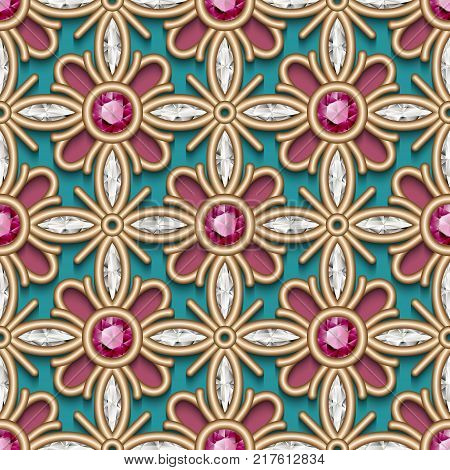 Vintage jewelry gold ornament, vector seamless pattern with diamonds and ruby gems