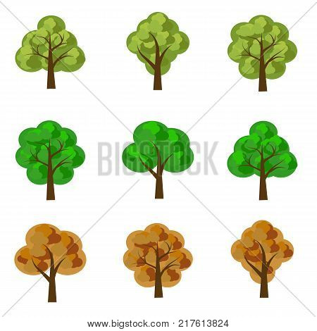 Set of seasoned trees. Flat cartoon style isolated objects to use as elements in landscape scene. Vector illustration