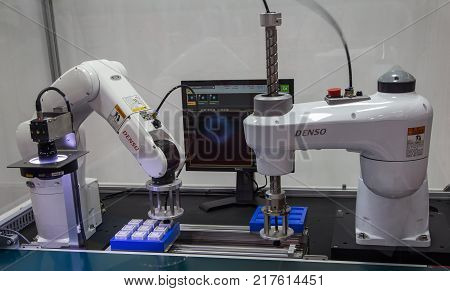 Bangkok Thailand - November 22 2017: Denso loading / unloading automation robot in Metalex 2017