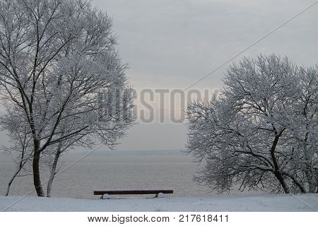 beautiful winter day with frost and snow on the empty sea shore