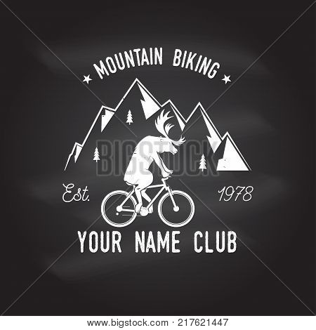 Mountain biking. Vector. Concept for head badges, shirt, print, stamp. Vintage typography design with deer rides a mountain bike silhouette. Chalk drawing on a blackboard.