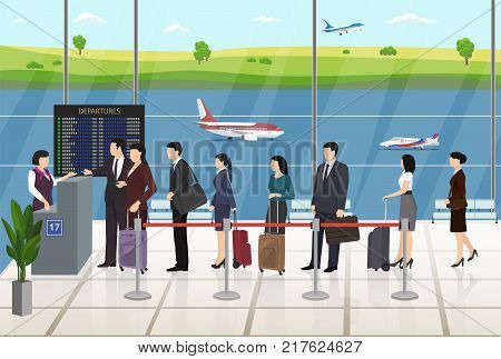 Passengers in the queue for registration in the airport building
