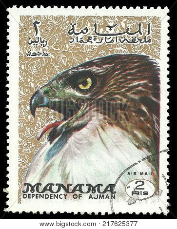 Manama UAE - stamp printed 1972 Multicolor Memorable Air mail issue of offset printing Topic Fauna Series Birds Eagle