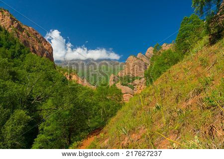 Green vegetation in mountains. Rocks and blue sky in Kozhokelen