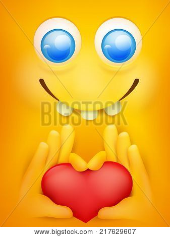 Yellow smiley emticon cartoon character with heart in hands Vector illustration