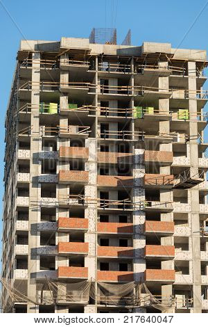 Monolithic frame construction of the building. The framework for the walls. Formwork for walls made of concrete. Construction of the building. Masonry walls and aerated concrete masonry walls