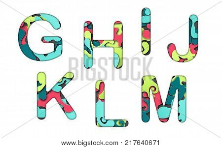 Set of letters font g, h, i, j, k, l, m. Multilayer colorful letters. Paper art carving. Creative typography characters.
