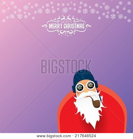 vector DJ rock n roll santa claus with smoking pipe, santa beard and funky santa hat isolated on violetred christmas square background with snowflakes. Christmas hipster party poster with snowflakes.
