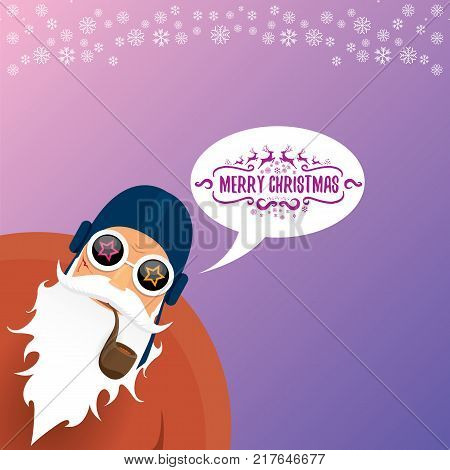 vector DJ rock n roll santa claus with smoking pipe, santa beard and funky santa hat isolated on violetred christmas square background with snowflakes. Christmas hipster party poster with snowflakes.