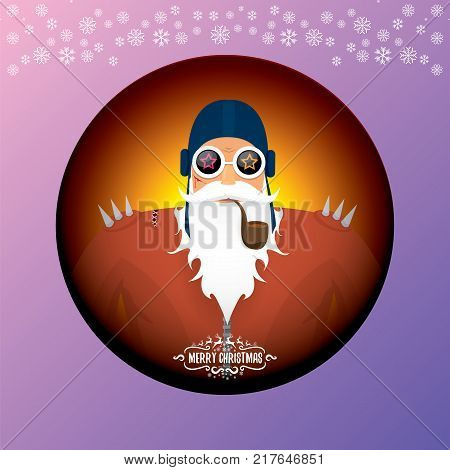 vector DJ rock n roll santa claus with smoking pipe, santa beard and funky santa hat isolated on violetred christmas square background with snowflakes. Christmas hipster party poster with snowflakes.