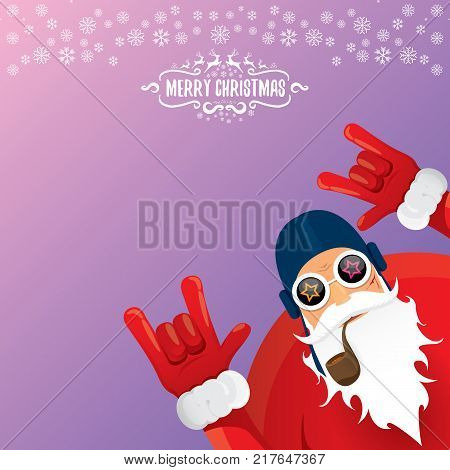 vector DJ rock n roll santa claus with smoking pipe, santa beard and funky santa hat isolated on violetred christmas square background with snowflakes. Christmas hipster party poster with snowflakes.