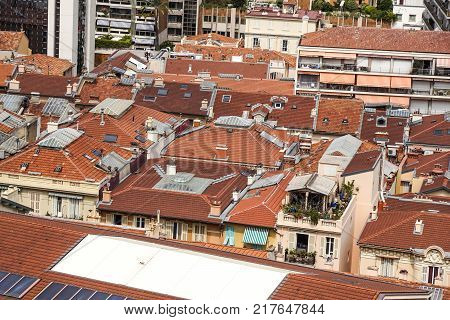 Aerial view of traditional red house roofs at the Montecarlo Town Square, Monaaco Republic .