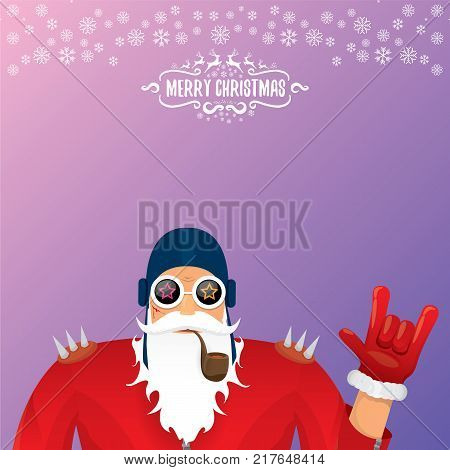 vector DJ rock n roll santa claus with smoking pipe, santa beard and funky santa hat isolated on violetred christmas square background with snowflakes. Christmas hipster party poster with snowflakes.