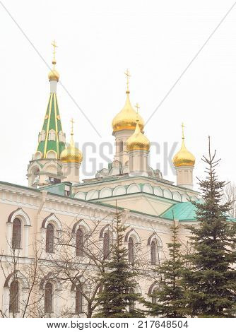 Voskresensky Cathedral of Orthodox Voskresensky Novodevichy Convent at cloud day in St.Petersburg Russia.