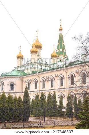 Voskresensky Cathedral of Orthodox Voskresensky Novodevichy Convent at cloud day in St.Petersburg Russia.