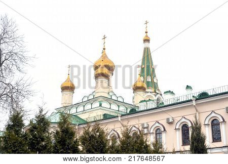Voskresensky Cathedral of Orthodox Voskresensky Novodevichy Convent at cloud day in St.Petersburg Russia.