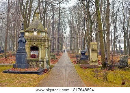 Novodevichye Cemetery in Orthodox Voskresensky Novodevichy Convent in St.Petersburg Russia.