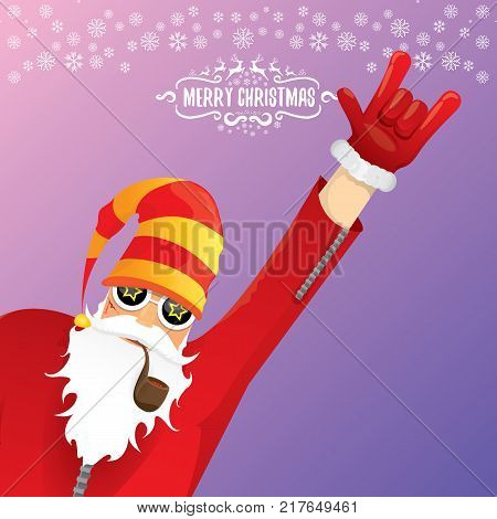 vector DJ rock n roll santa claus with smoking pipe, santa beard and funky santa hat isolated on violetred christmas square background with snowflakes. Christmas hipster party poster with snowflakes.