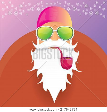 vector DJ rock n roll santa claus with smoking pipe, santa beard and funky santa hat isolated on violetred christmas square background with snowflakes. Christmas hipster party poster with snowflakes.