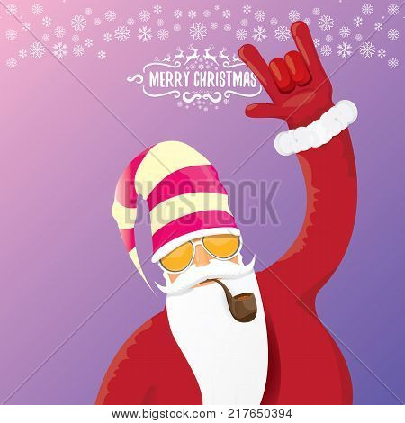 vector DJ rock n roll santa claus with smoking pipe, santa beard and funky santa hat isolated on violetred christmas square background with snowflakes. Christmas hipster party poster with snowflakes.